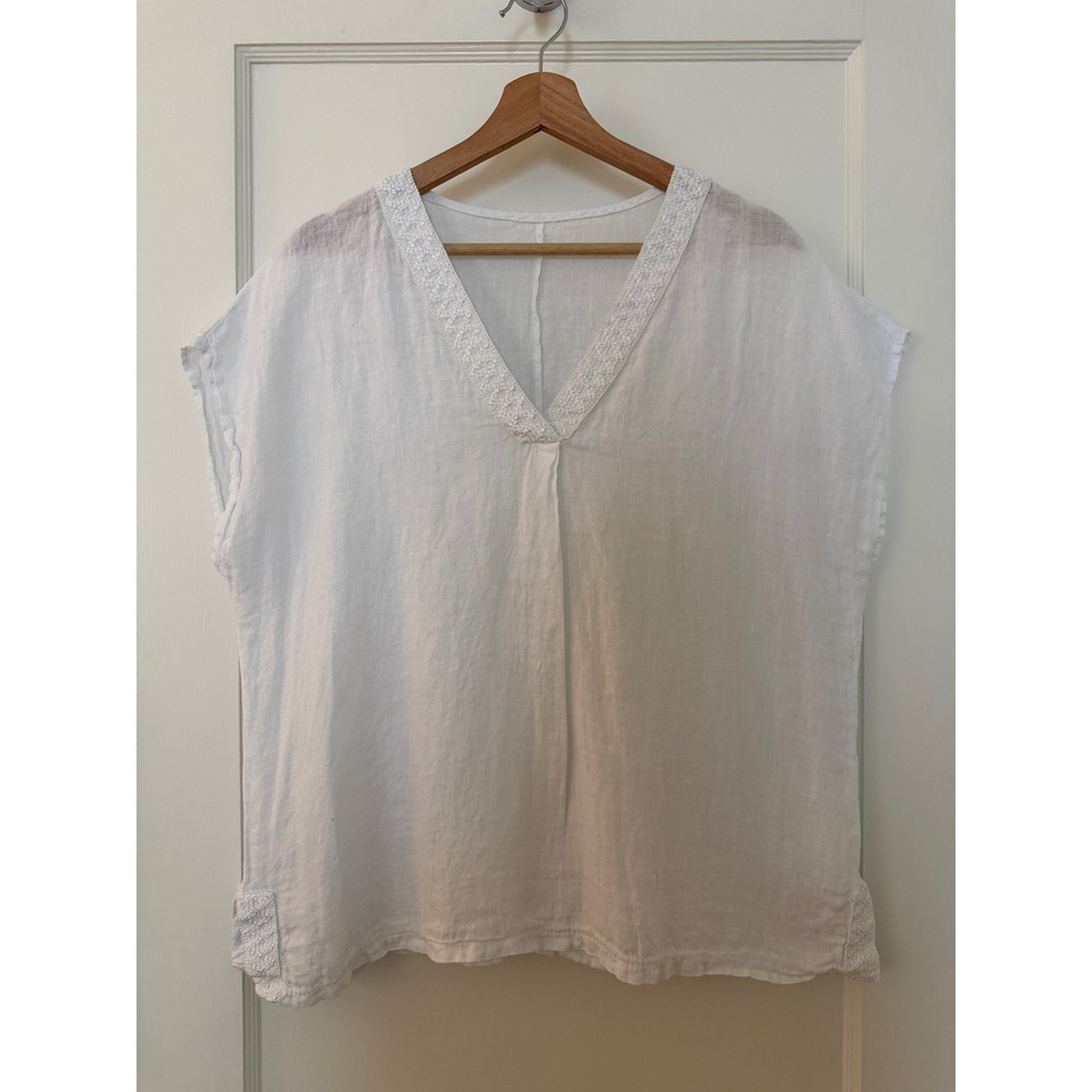 Embroidered 100% Italian Linen White V-Neck‎ Boxy Blouse Top OS Boho Coastal